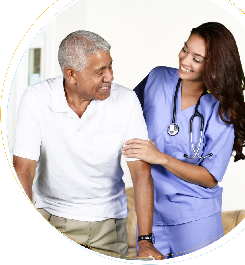 photo of a veteran man receiving support from a young female doctor